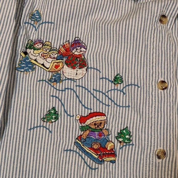 VTG Denim Winter Christmas Snowman Bear Embroidered Button‎ Up Shirt Sz S 90s - Picture 4 of 8